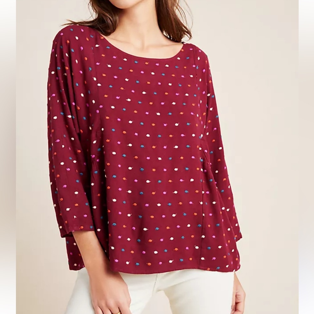 Large Maeve by Anthropologie Dottie Embroidered Blouse Burgundy Polka Dot - Picture 1 of 14